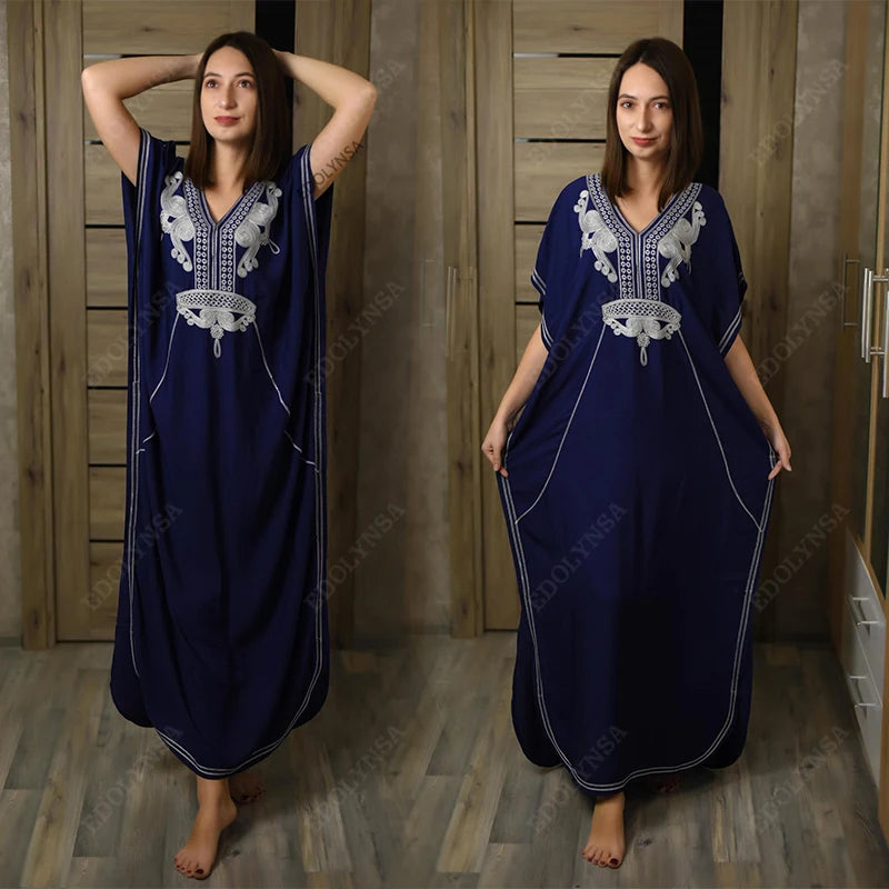 2024 Vintage Embroidery Kaftan Sexy V-neck Batwing Sleeve High Waist Maxi Dress Tunic Women Clothing Summer Beach Dresses Q660