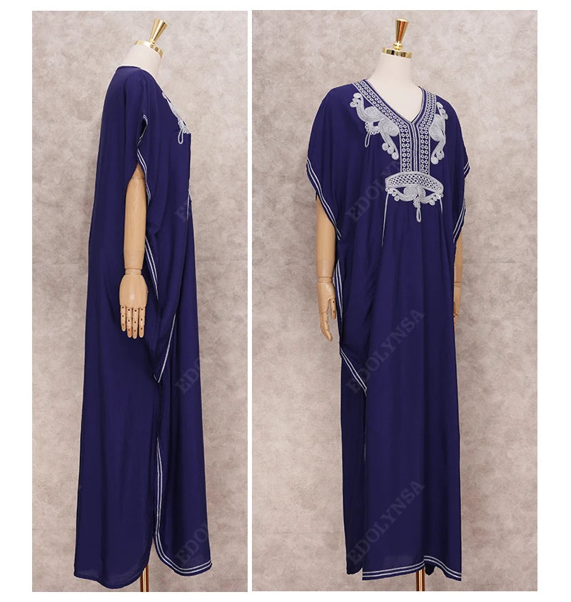 2024 Vintage Embroidery Kaftan Sexy V-neck Batwing Sleeve High Waist Maxi Dress Tunic Women Clothing Summer Beach Dresses Q660