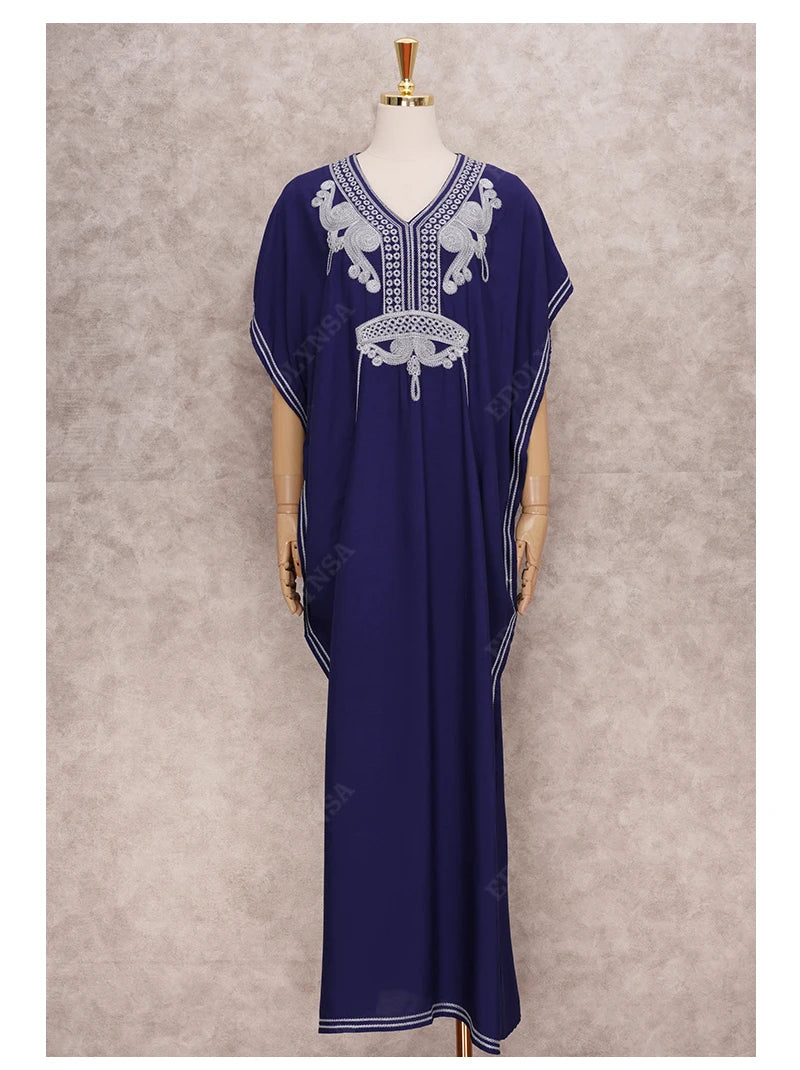 2024 Vintage Embroidery Kaftan Sexy V-neck Batwing Sleeve High Waist Maxi Dress Tunic Women Clothing Summer Beach Dresses Q660