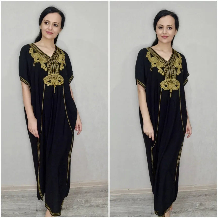 2024 Vintage Embroidery Kaftan Sexy V-neck Batwing Sleeve High Waist Maxi Dress Tunic Women Clothing Summer Beach Dresses Q660