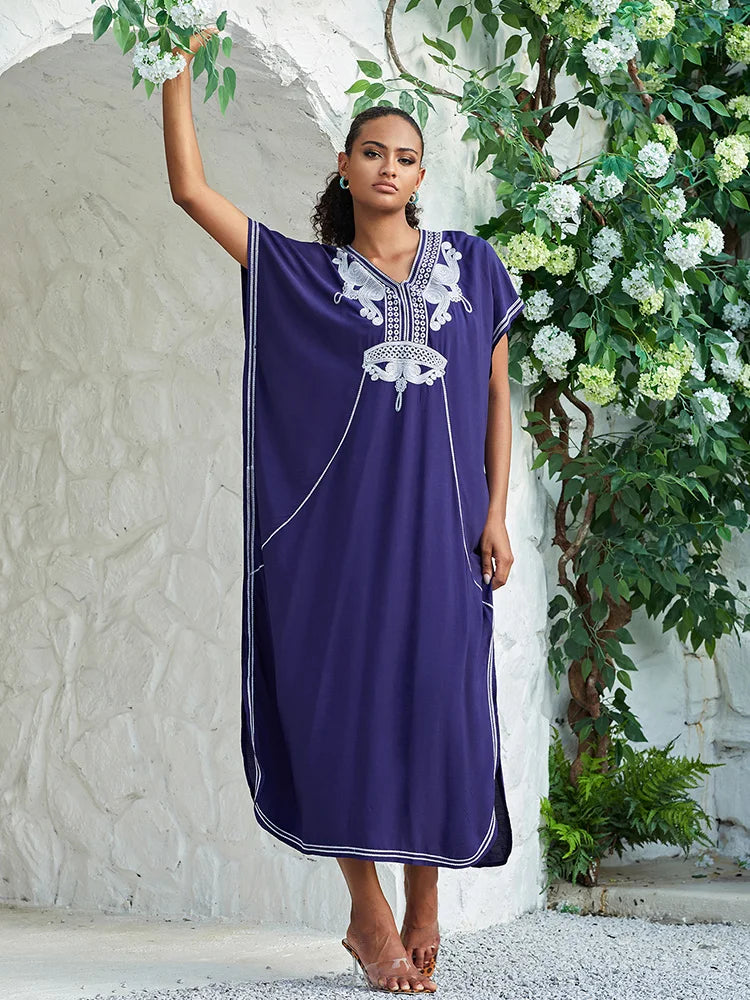 2024 Vintage Embroidery Kaftan Sexy V-neck Batwing Sleeve High Waist Maxi Dress Tunic Women Clothing Summer Beach Dresses Q660