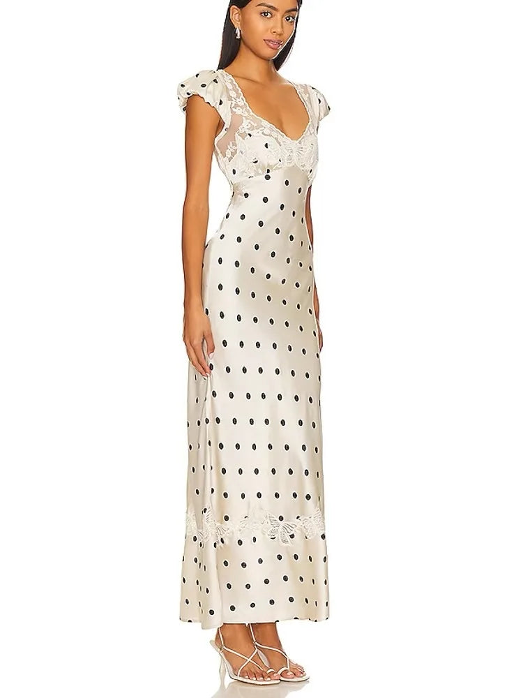 Absobe French Lace Patchwork Satin Polka Dot A-Line Maxi Dress For Women Elegant Backless Long Gown Chic Birthday Party Outfit