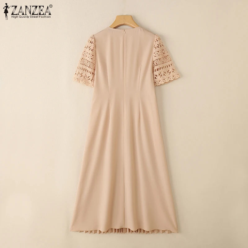 ZANZEA Elegant Summer Short Sleeve Pleated Party Sundress Fashion Women Lace Patchwork Dresses 2025 Stylish Work OL Vestidos