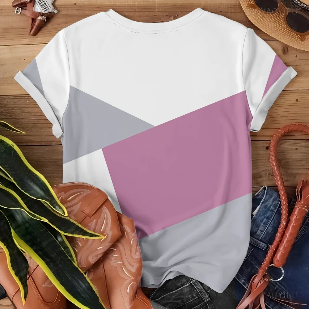 Fashion Pink White Grey Geometric Pattern Women's T-shirt Casual Comfortable Round Neck Short Sleeve