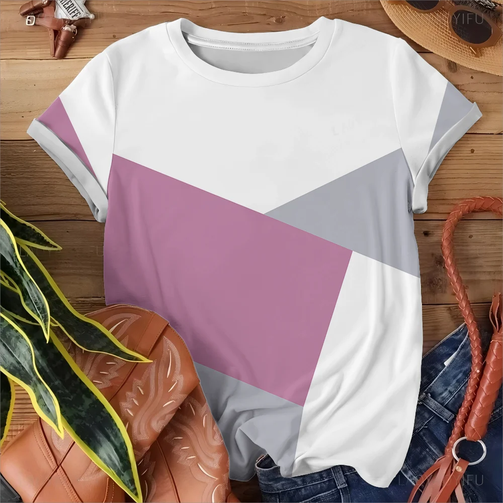 Fashion Pink White Grey Geometric Pattern Women's T-shirt Casual Comfortable Round Neck Short Sleeve