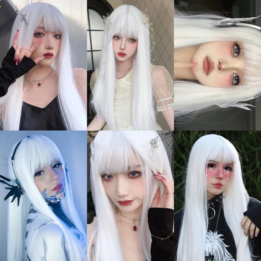 HENRY MARGU White Long Straight Synthetic Wigs for Women Colorful Cosplay Party Fake Hair with Bangs White Wig HighTemperature