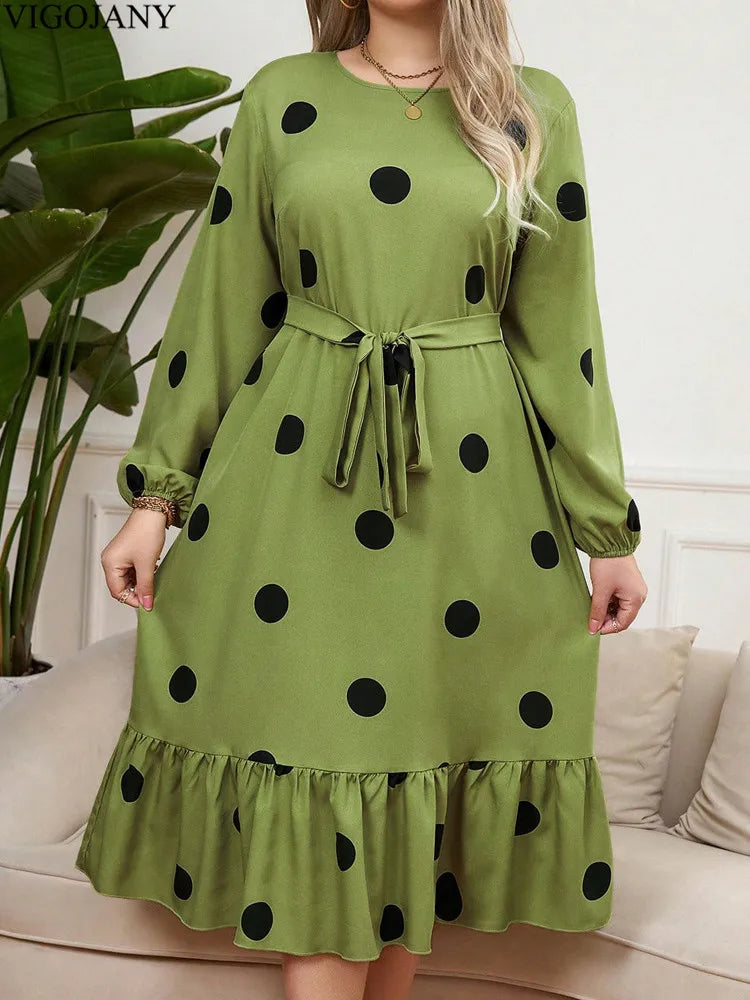 Vigojany 2025 Spring Ruffle Dot Print Plus Size Dress Autumn Long Sleeve Large Big Dress Casual O Neck Chubby Curvy Dresses