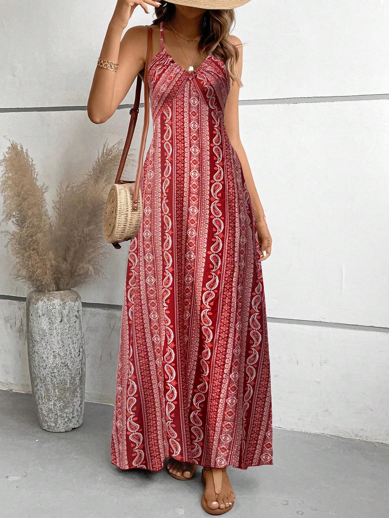 Women's Summer Ethnic Pattern Backless Split Thigh Dress Ladies Summer Clothes Boho Fashion Frill Trim Long Dress for Beach