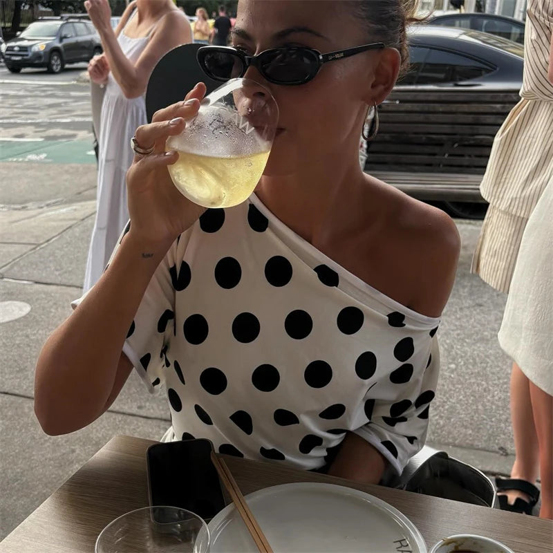 Absobe Polka Dot One-Shoulder Short Sleeve Top For Women Back Lace-up Waist Slim Fit T-Shirt Y2K Hot Girl Casual Tee Streetwear