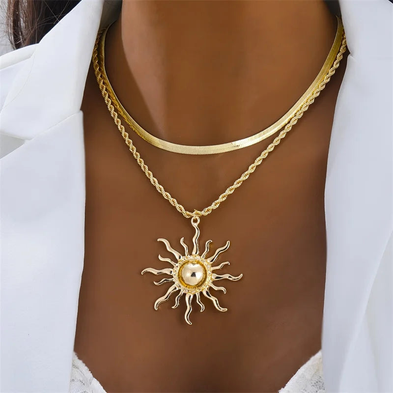 Exaggerated Big Sun Pendant Necklace for Women Trendy Double Layer Snake Bone Chain Necklace Summer Jewelry Accessories