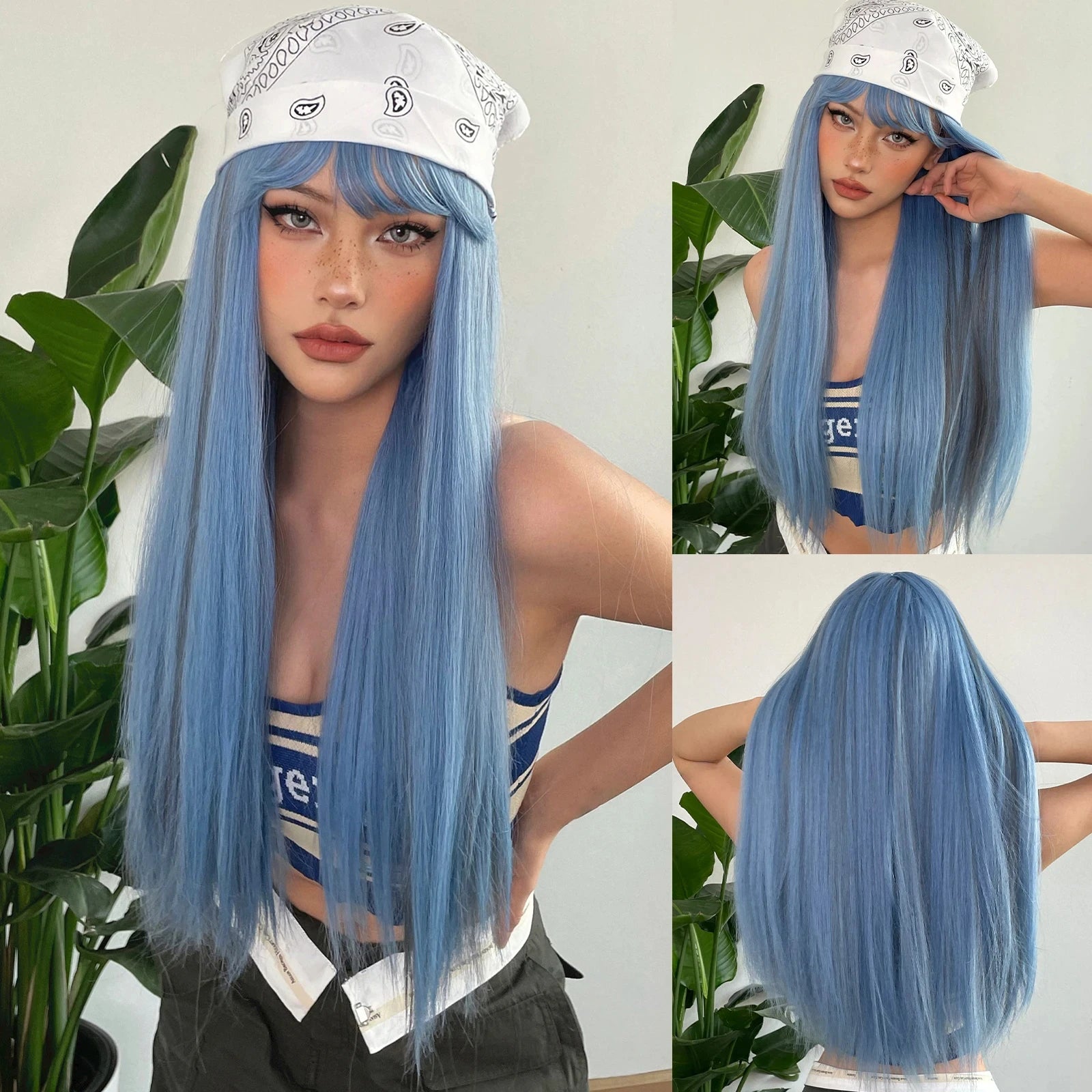 Blue with Grey Highlight Long Straight Synthetic Wigs with Bangs Cosplay Hairs Wig for Women Daily Natural Heat Resistant