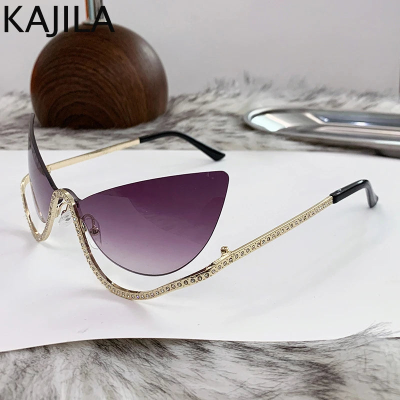 Retro Rhinestone Cat Eye Rimless Punk Sunglasses Women 2025 Luxury Brand Vintage Metal Frameless Sun Glasses Travelling Shades