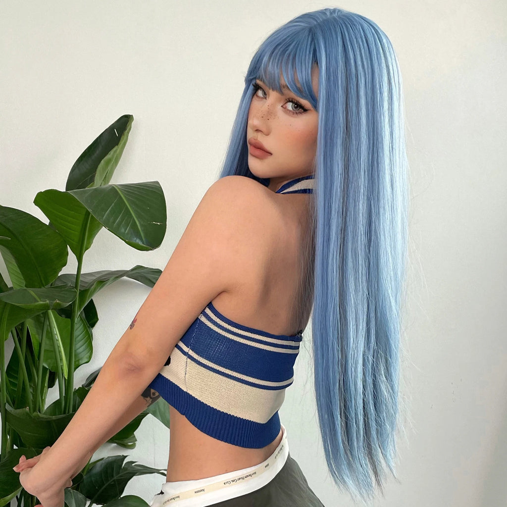 Blue with Grey Highlight Long Straight Synthetic Wigs with Bangs Cosplay Hairs Wig for Women Daily Natural Heat Resistant