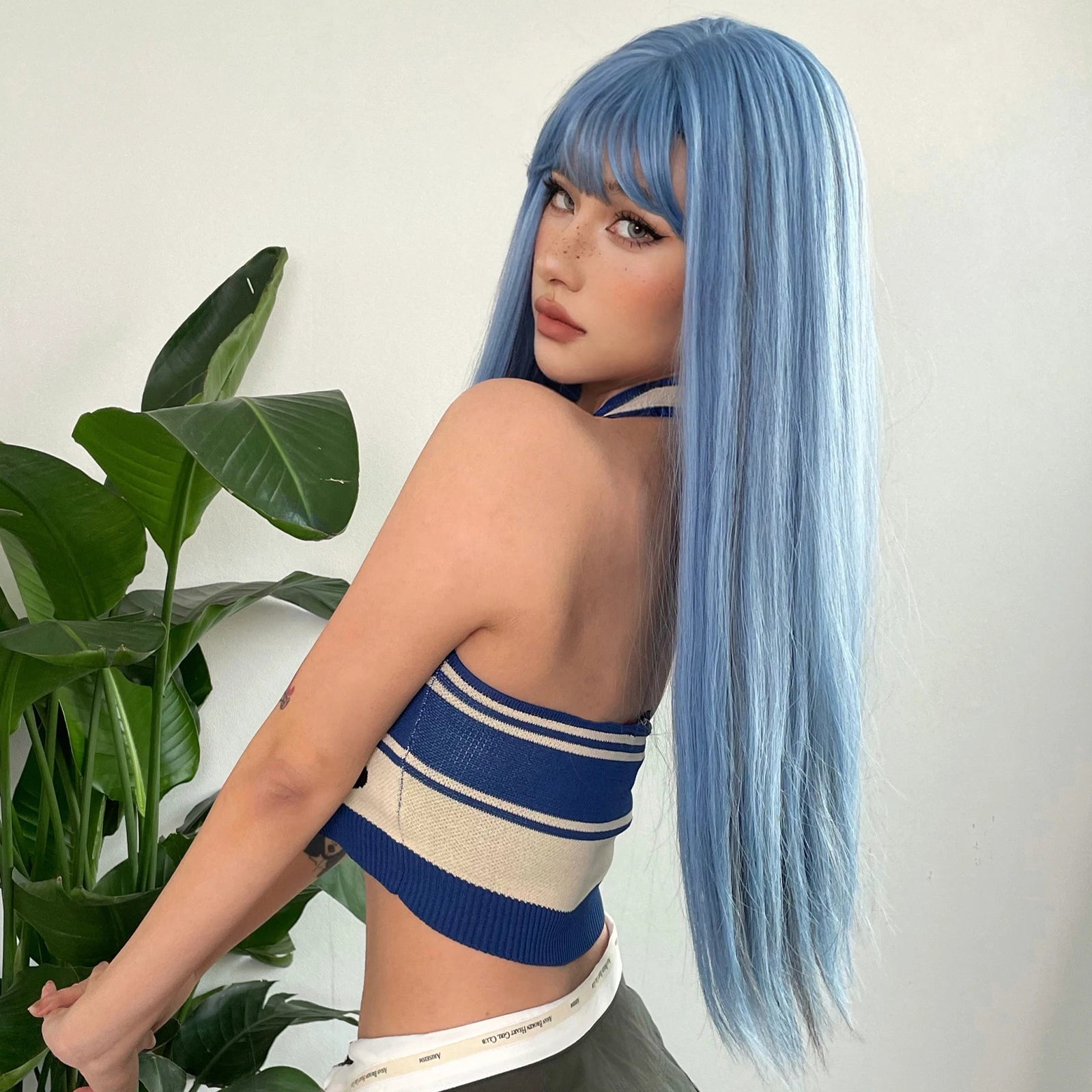 Blue with Grey Highlight Long Straight Synthetic Wigs with Bangs Cosplay Hairs Wig for Women Daily Natural Heat Resistant