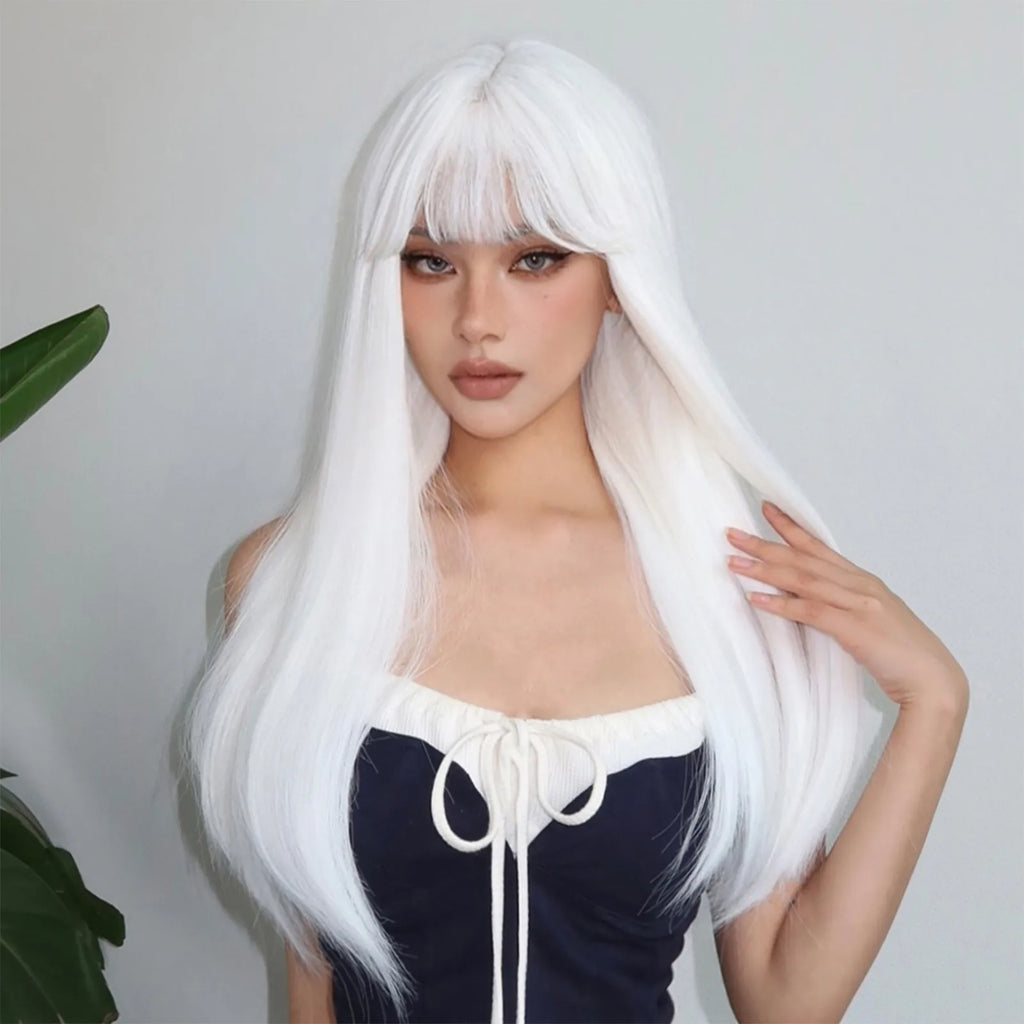 HENRY MARGU White Long Straight Synthetic Wigs for Women Colorful Cosplay Party Fake Hair with Bangs White Wig HighTemperature