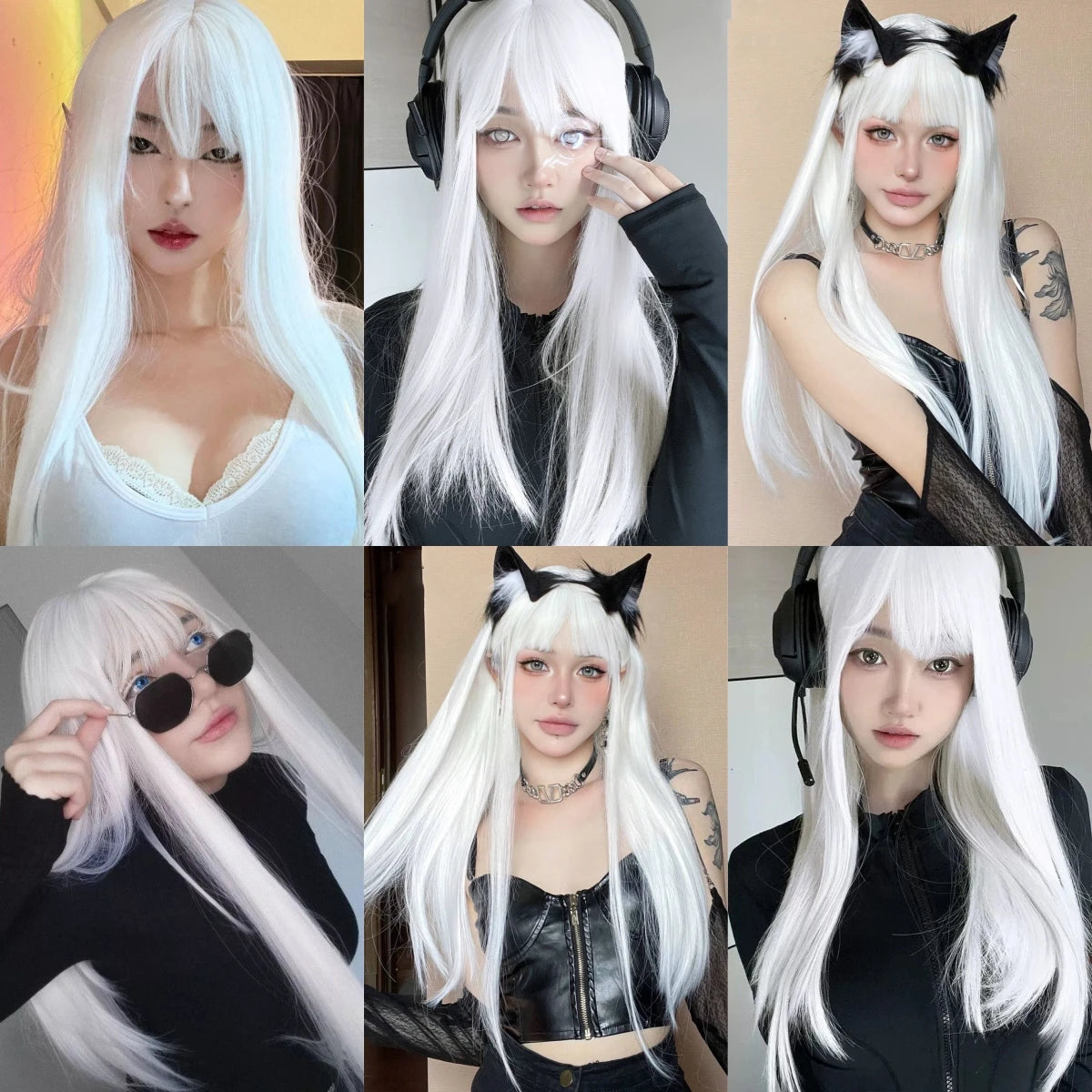 HENRY MARGU White Long Straight Synthetic Wigs for Women Colorful Cosplay Party Fake Hair with Bangs White Wig HighTemperature