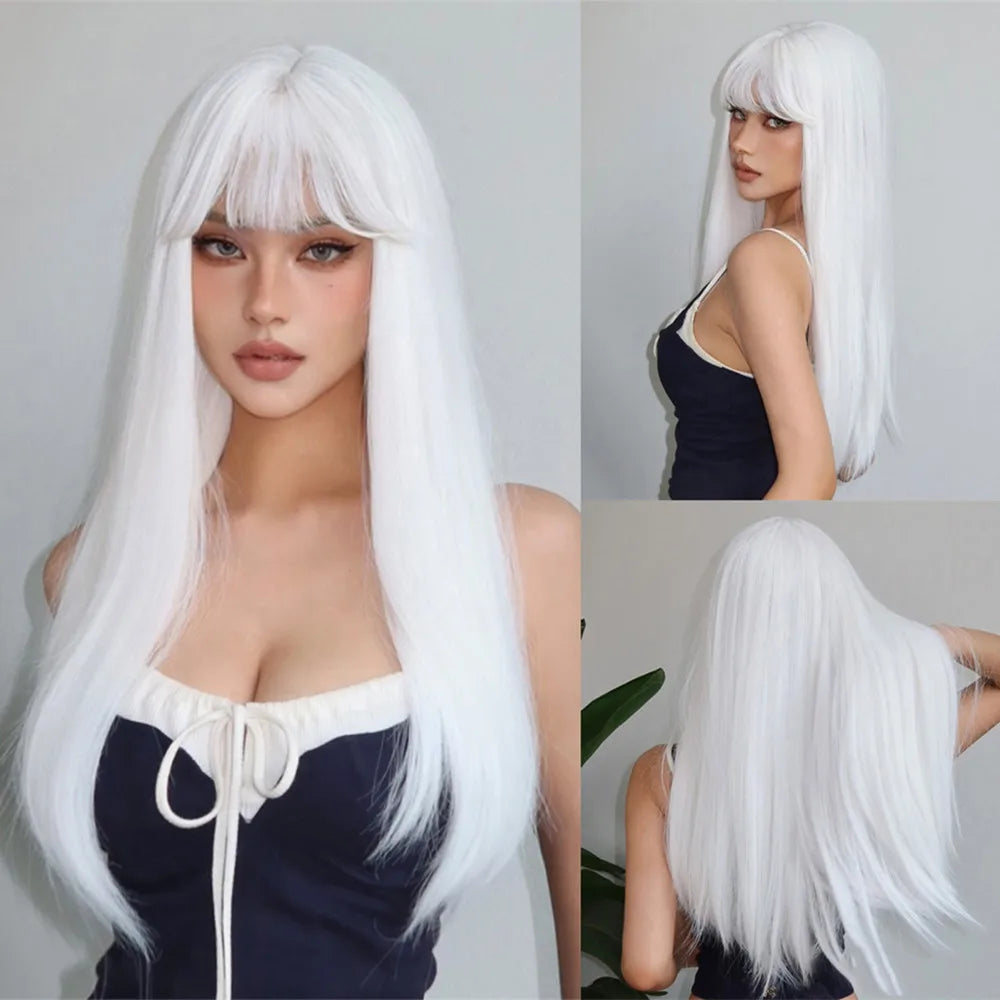 Blue with Grey Highlight Long Straight Synthetic Wigs with Bangs Cosplay Hairs Wig for Women Daily Natural Heat Resistant