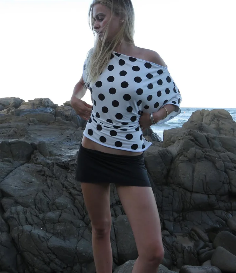 Absobe Polka Dot One-Shoulder Short Sleeve Top For Women Back Lace-up Waist Slim Fit T-Shirt Y2K Hot Girl Casual Tee Streetwear