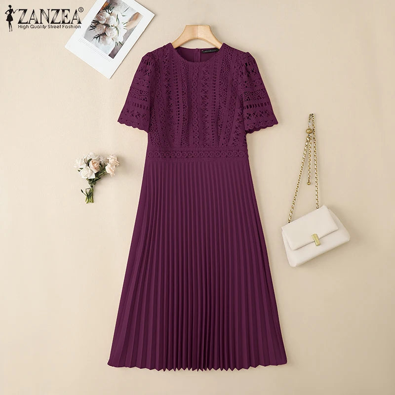 ZANZEA Elegant Summer Short Sleeve Pleated Party Sundress Fashion Women Lace Patchwork Dresses 2025 Stylish Work OL Vestidos