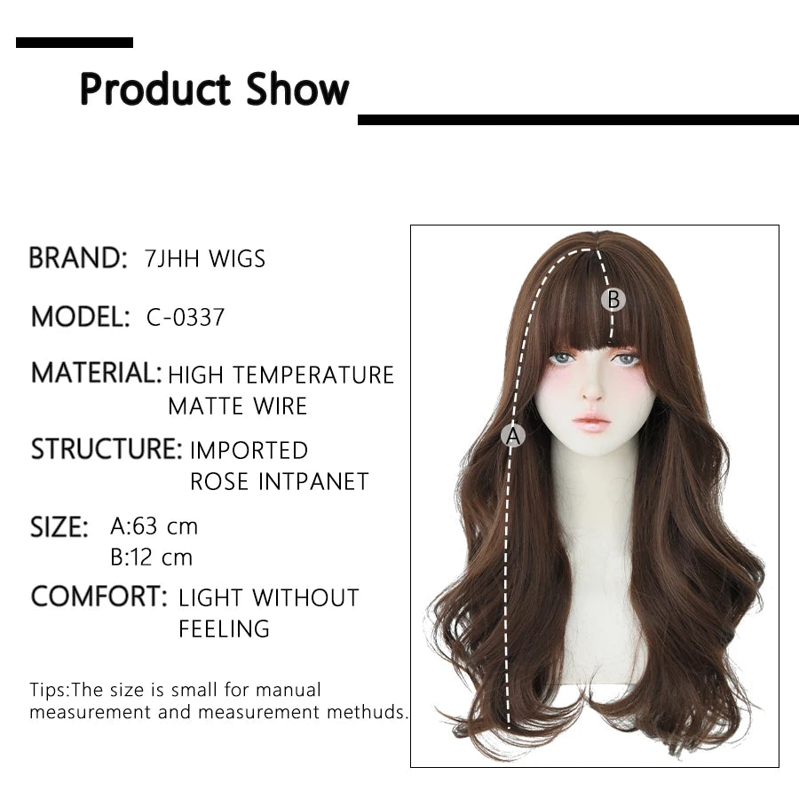 7JHH WIGS Popular Brown Ash Long Deep Wave Hair Lolita Wigs With Bangs Synthetic Wig For Women Fashion Thick Curls Wigs Girl