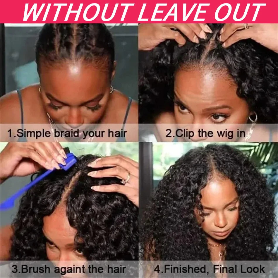 V Part Curly Wig Human Hair No Leave Out No Glue Brazilian Deep Curly Wave Human Hair Wigs for Women 220% Density