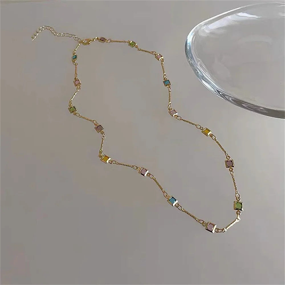 Rainbow Crystal Gemstone Retro Choker Colored Zircon Necklace For Women Simple Clavicle Chain Jewelry Fashion Wear Accessories