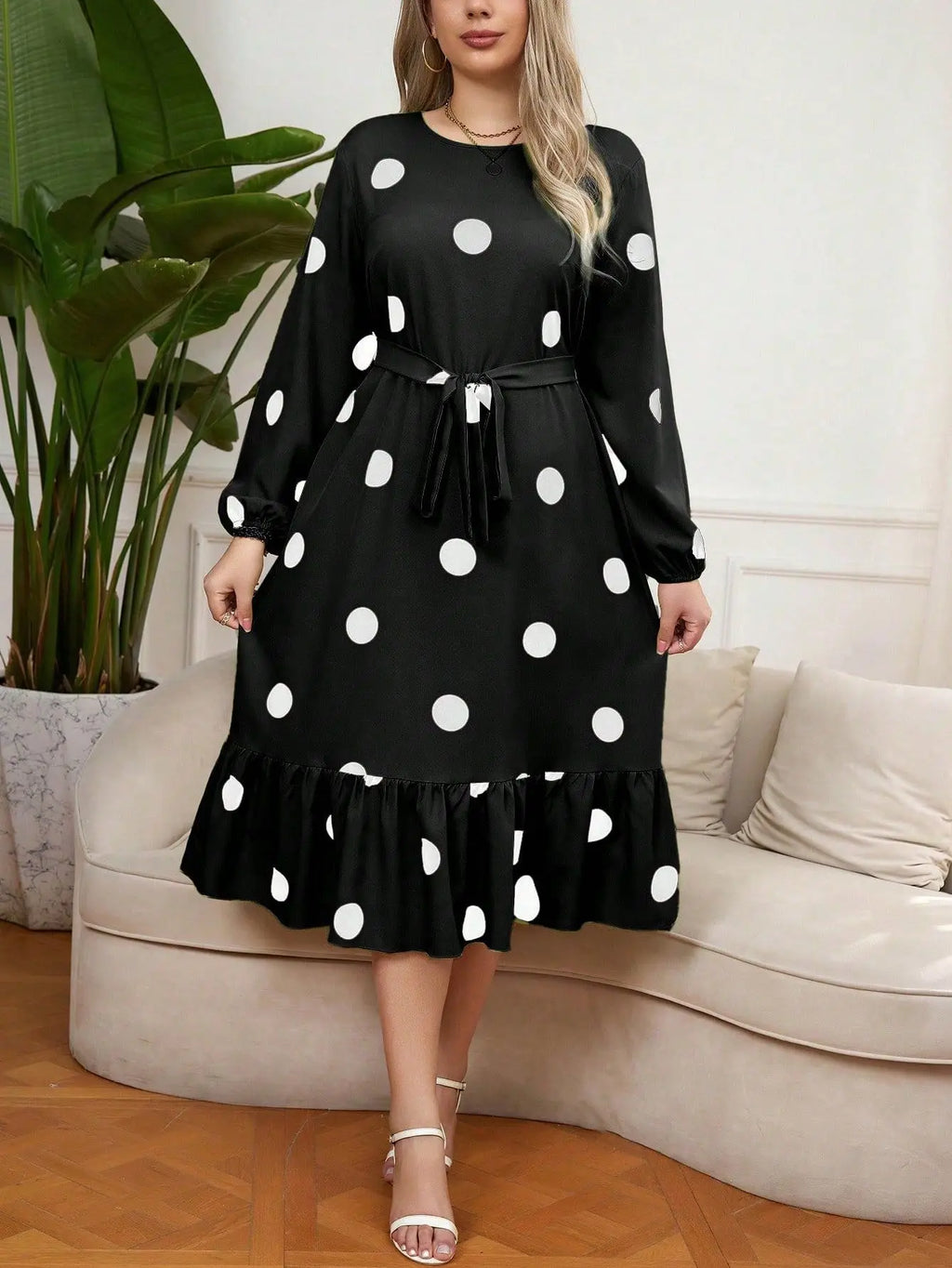 Vigojany 2025 Spring Ruffle Dot Print Plus Size Dress Autumn Long Sleeve Large Big Dress Casual O Neck Chubby Curvy Dresses