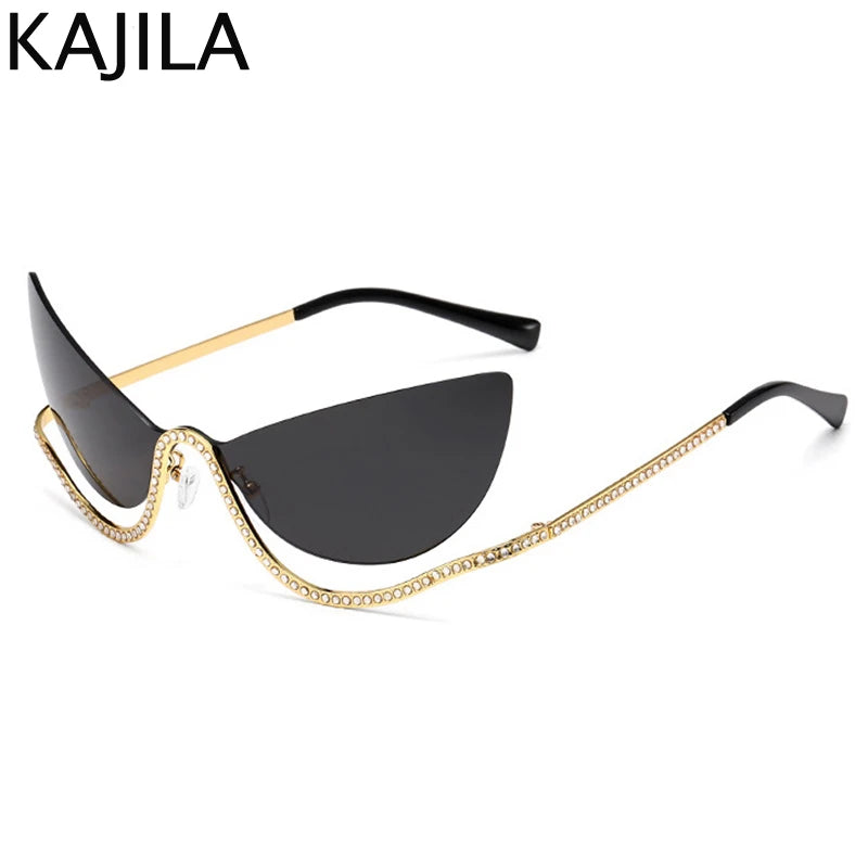 Retro Rhinestone Cat Eye Rimless Punk Sunglasses Women 2025 Luxury Brand Vintage Metal Frameless Sun Glasses Travelling Shades