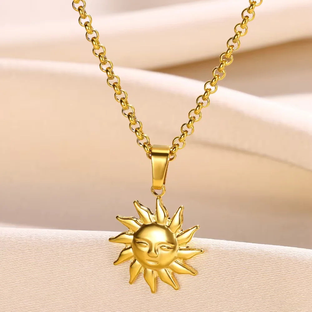 Stainless Steel Geometric Necklace For Women Fashion Sun Sunflower Pendant Clavicle Chain Aesthetic Jewelry Accessories Femme