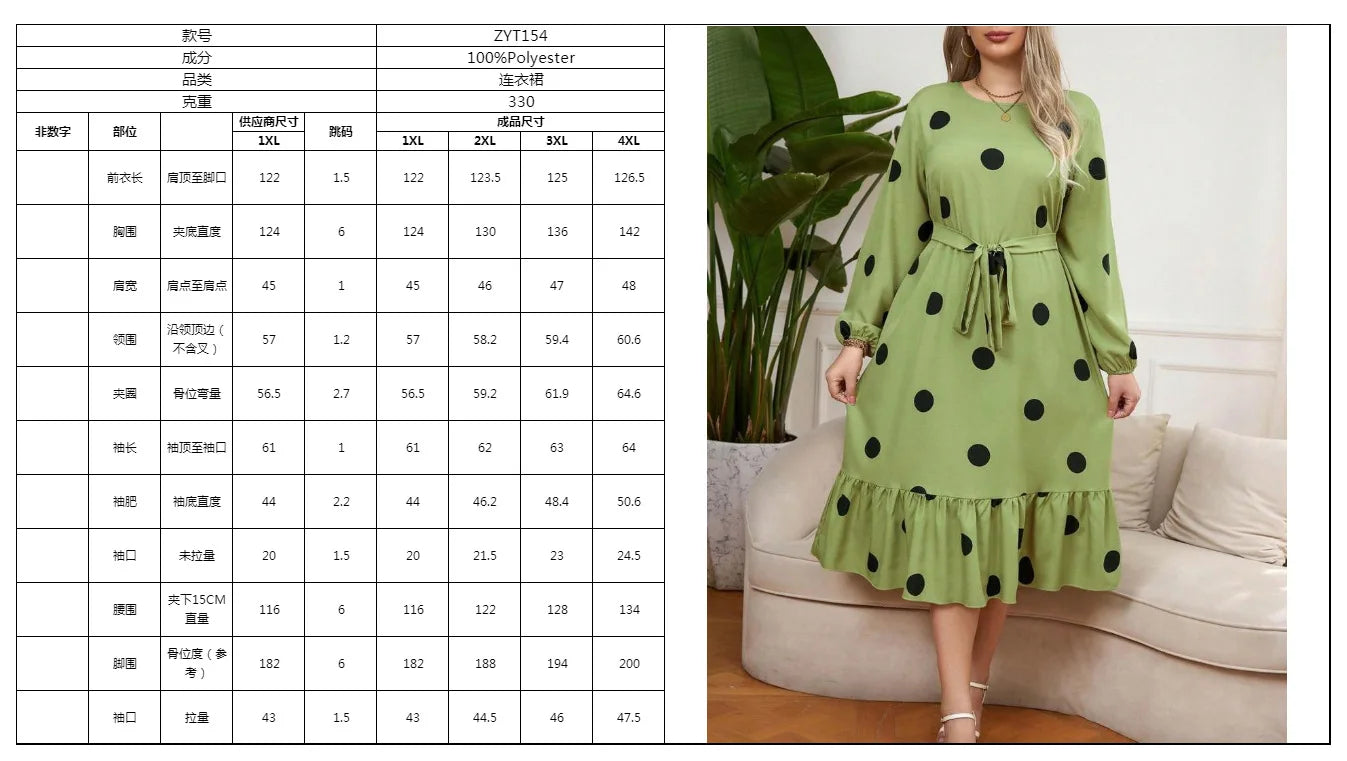 Vigojany 2025 Spring Ruffle Dot Print Plus Size Dress Autumn Long Sleeve Large Big Dress Casual O Neck Chubby Curvy Dresses