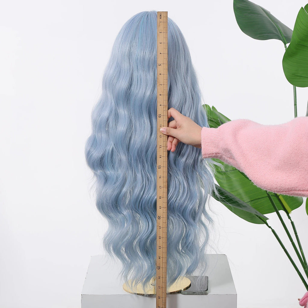 Allbell Magique Blue Hair Wig with Bangs Long Wavy Synthetic Wig Baby Blue Curly Wig for Women Daily Party Use Heat Resistant