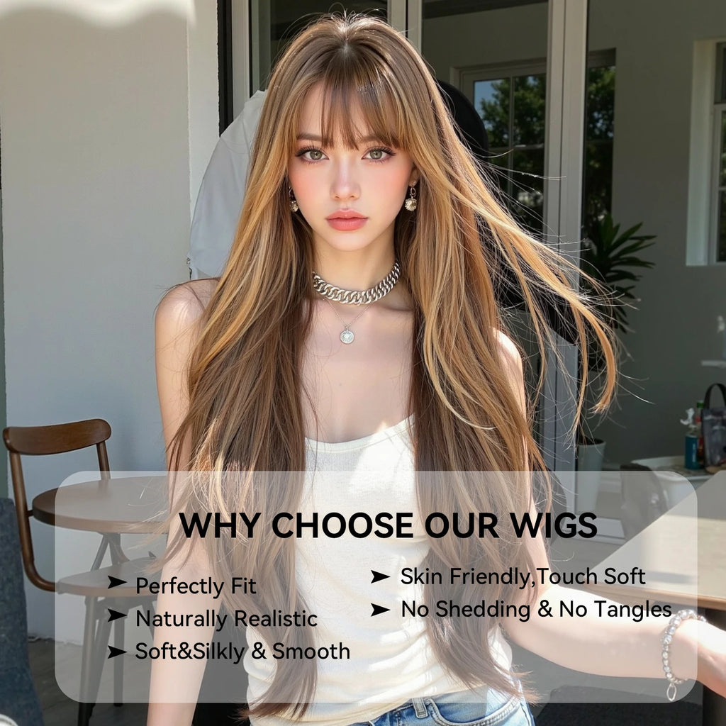 Honey Brown Highlight Layered Synthetic Wigs With Bangs Super Long Straight  Wig For Women Cosplay Natural Daily  Heat Resistant