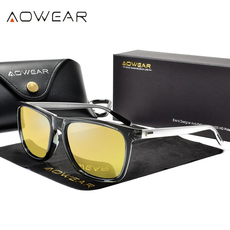 AOWEAR HD Polarized Anti Glare Night Vision Glasses for Driving Nighttime Driver Goggles Yellow Sunglasses for Men / Women Gafas