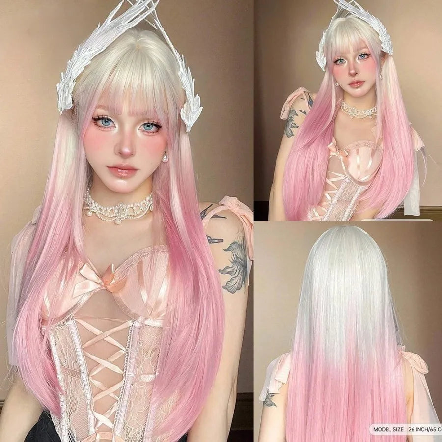 Allbell Magique Black Highlight Blue Synthetic Wig Long Straight Wig with Bangs Black And Blue Wig For Women Cosplay Party Use