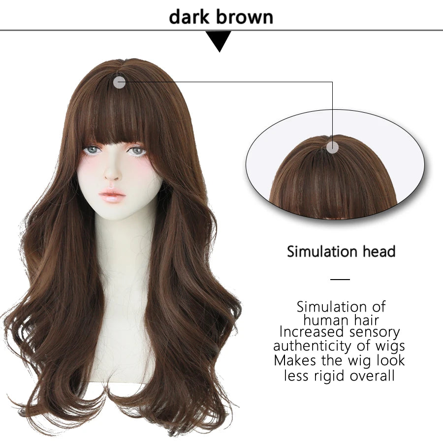 7JHH WIGS Popular Brown Ash Long Deep Wave Hair Lolita Wigs With Bangs Synthetic Wig For Women Fashion Thick Curls Wigs Girl