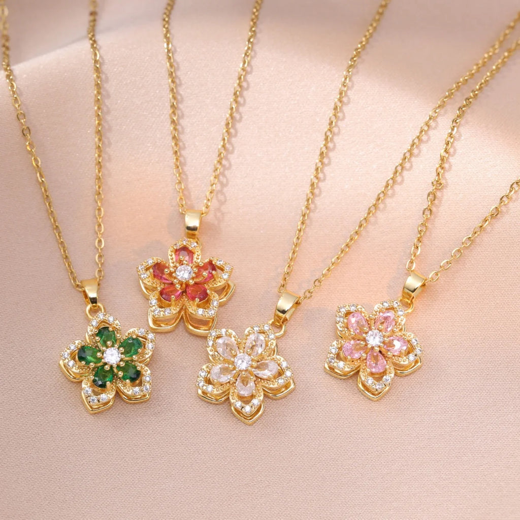 Light Luxury Shiny Zircon Rotatable Flower Pendant Necklace For Women Stainless Steel Romantic Spin Floral Plant Choker Jewelry