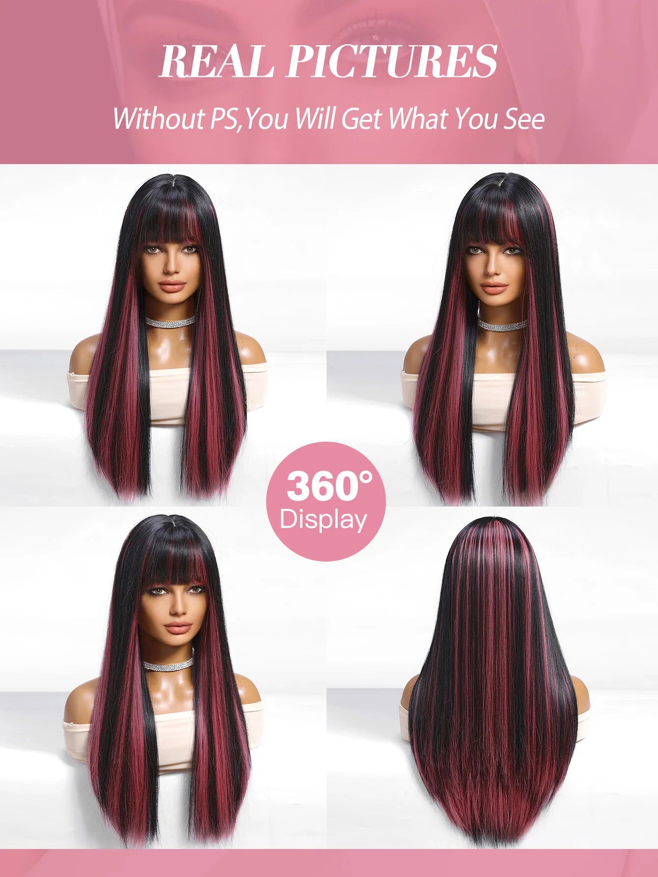 Allbell Magique Black Highlight Blue Synthetic Wig Long Straight Wig with Bangs Black And Blue Wig For Women Cosplay Party Use