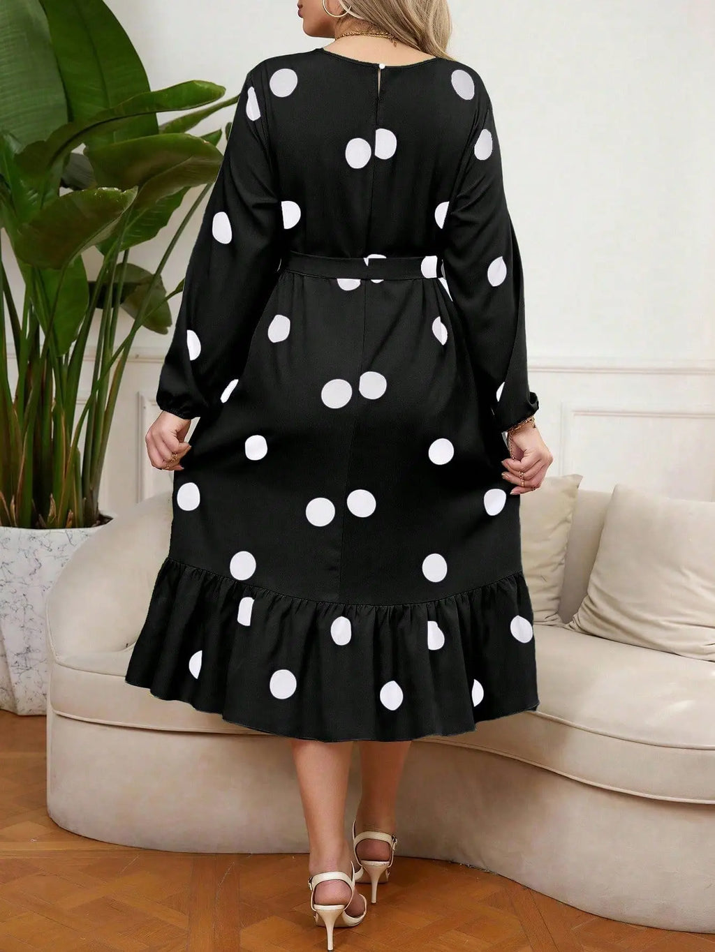 Vigojany 2025 Spring Ruffle Dot Print Plus Size Dress Autumn Long Sleeve Large Big Dress Casual O Neck Chubby Curvy Dresses
