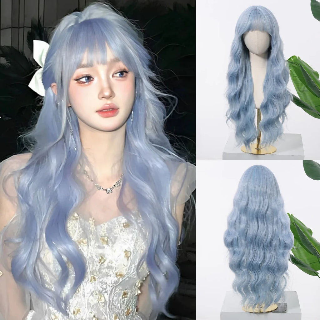 Allbell Magique Blue Hair Wig with Bangs Long Wavy Synthetic Wig Baby Blue Curly Wig for Women Daily Party Use Heat Resistant