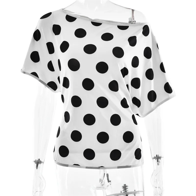 Absobe Polka Dot One-Shoulder Short Sleeve Top For Women Back Lace-up Waist Slim Fit T-Shirt Y2K Hot Girl Casual Tee Streetwear