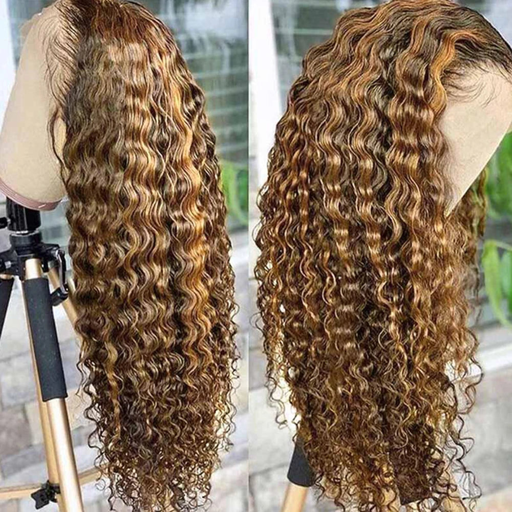 HD Transparent Highlight Wig Human Hair Honey Blonde Lace Front Wigs For Women Curly Human Hair Wig Deep Wave Lace Frontal Wig