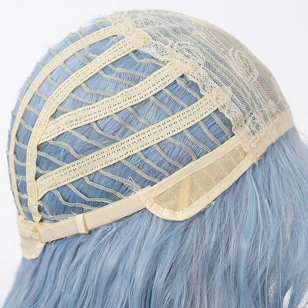 Allbell Magique Blue Hair Wig with Bangs Long Wavy Synthetic Wig Baby Blue Curly Wig for Women Daily Party Use Heat Resistant