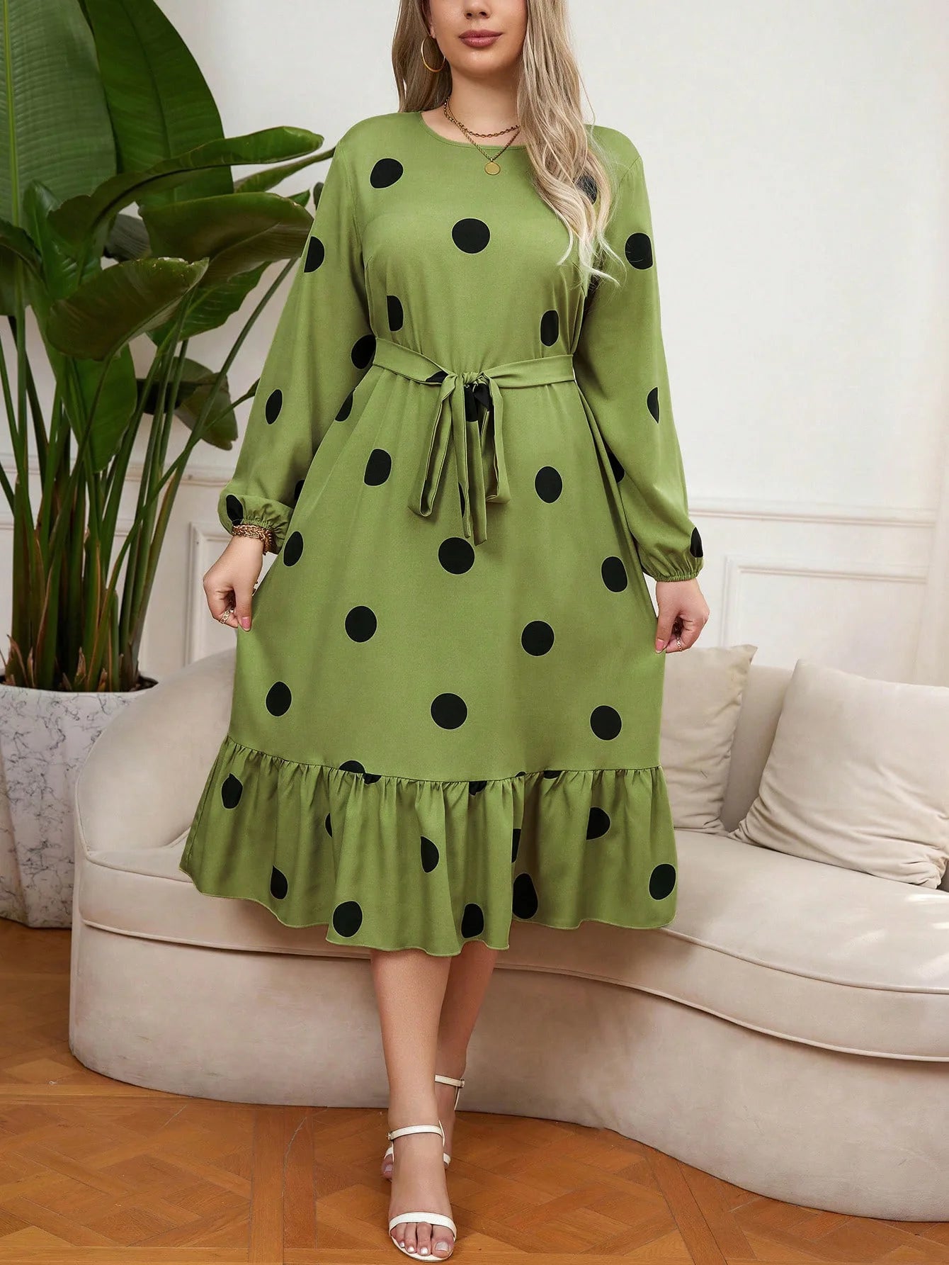 Vigojany 2025 Spring Ruffle Dot Print Plus Size Dress Autumn Long Sleeve Large Big Dress Casual O Neck Chubby Curvy Dresses