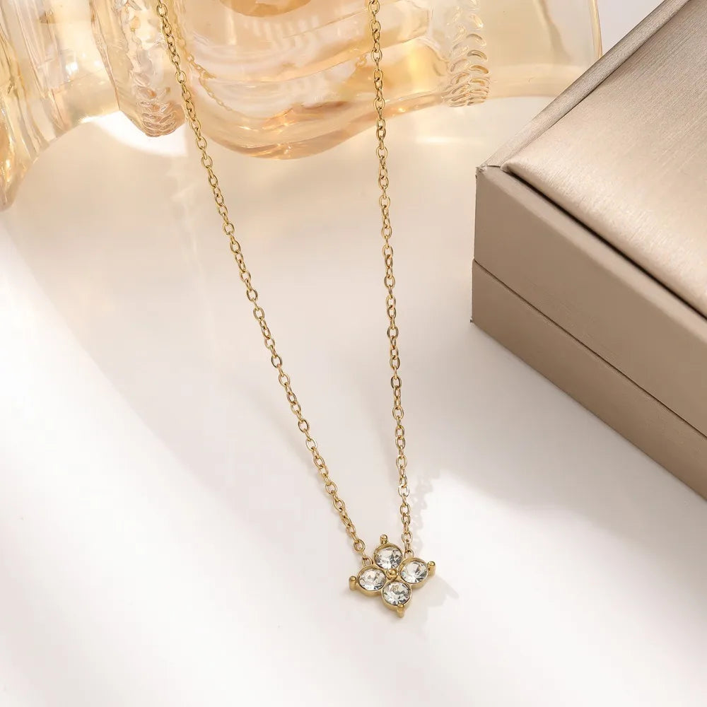 Lucky Four-Petal Flower Inlaid Rhinestone Stainless Steel Bracelet Necklace Earrings For Women Luxury Wedding Party Jewelry Sets