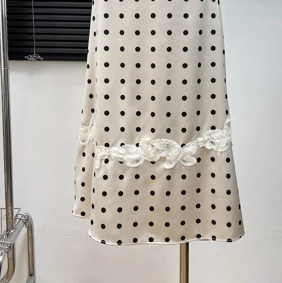 Absobe French Lace Patchwork Satin Polka Dot A-Line Maxi Dress For Women Elegant Backless Long Gown Chic Birthday Party Outfit