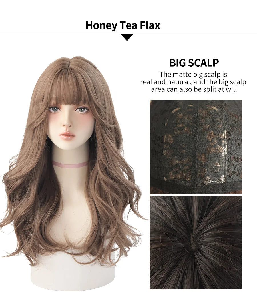 7JHH WIGS Popular Brown Ash Long Deep Wave Hair Lolita Wigs With Bangs Synthetic Wig For Women Fashion Thick Curls Wigs Girl