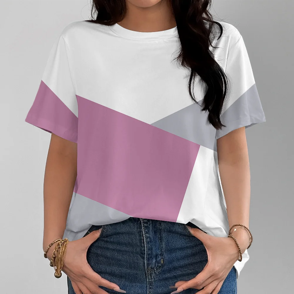 Fashion Pink White Grey Geometric Pattern Women's T-shirt Casual Comfortable Round Neck Short Sleeve