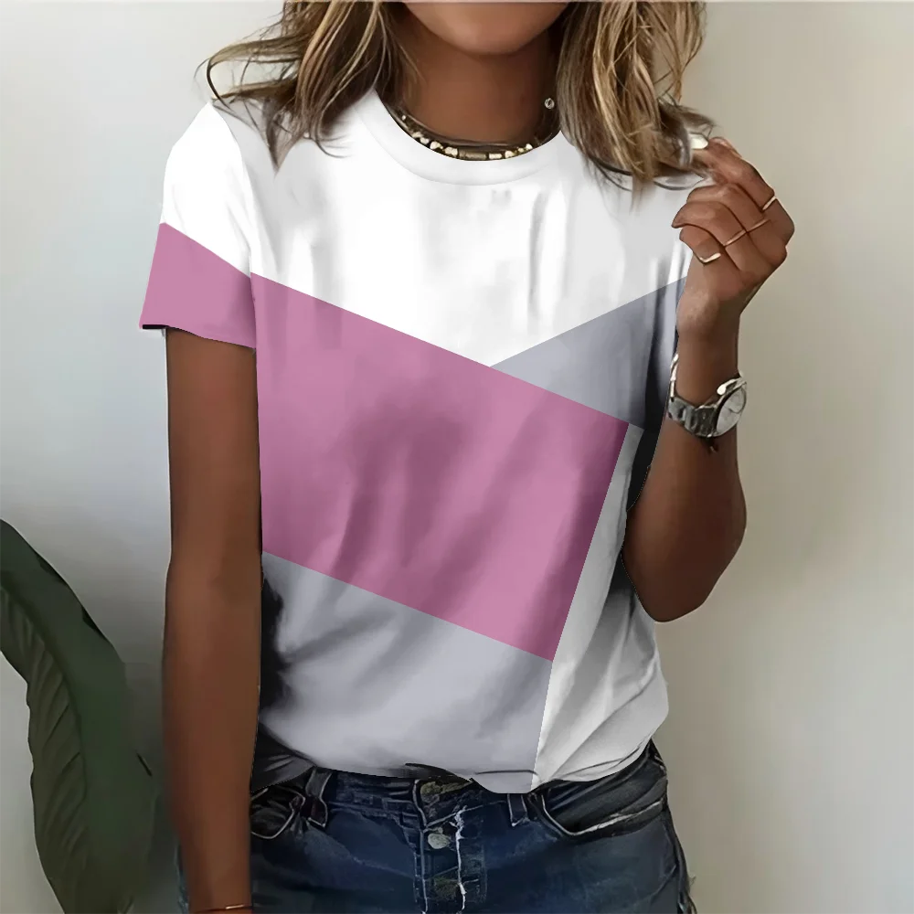 Fashion Pink White Grey Geometric Pattern Women's T-shirt Casual Comfortable Round Neck Short Sleeve