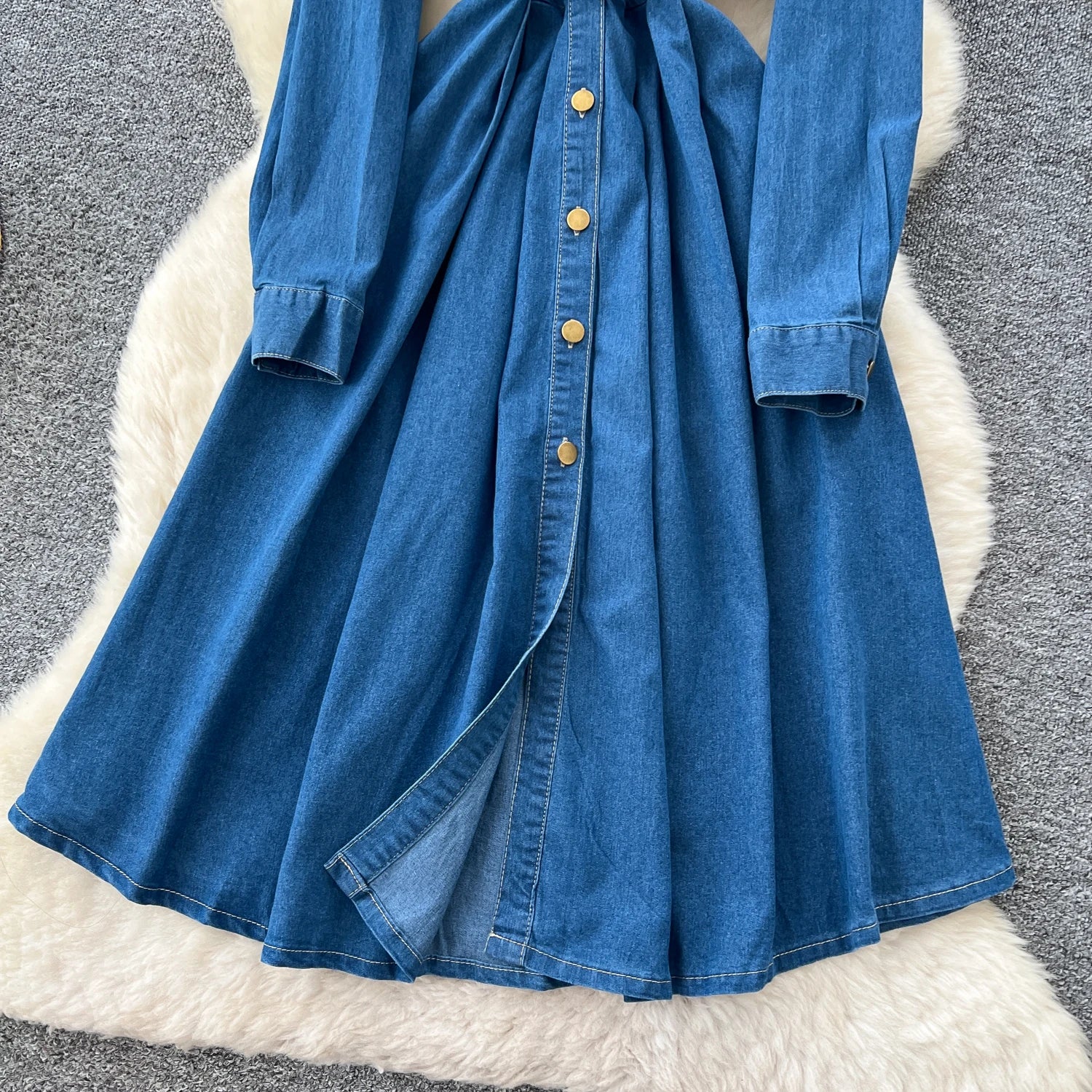 Sexy long sleeve Slit Pockets Single Breasted High Waist Pleated dress Vestidos sundress Women Evening Party dress