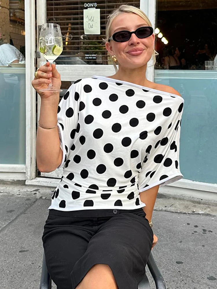 Absobe Polka Dot One-Shoulder Short Sleeve Top For Women Back Lace-up Waist Slim Fit T-Shirt Y2K Hot Girl Casual Tee Streetwear